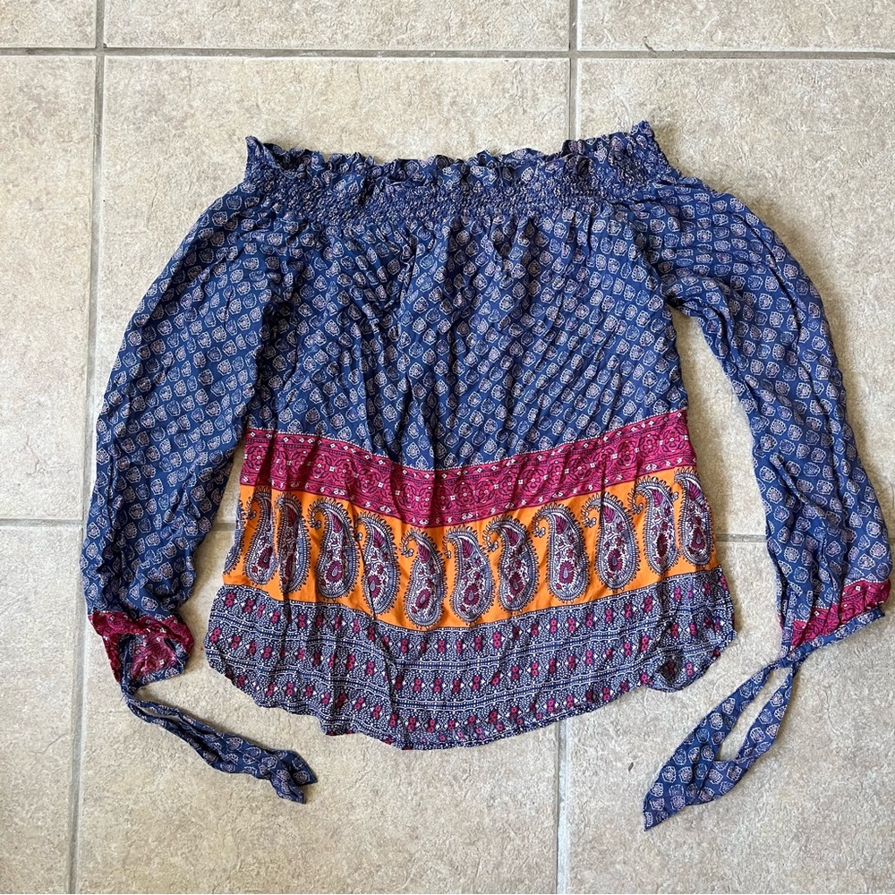 Bohemian Off-Shoulder Top - Blue and Red - beachlunchlounge S/P India viscose